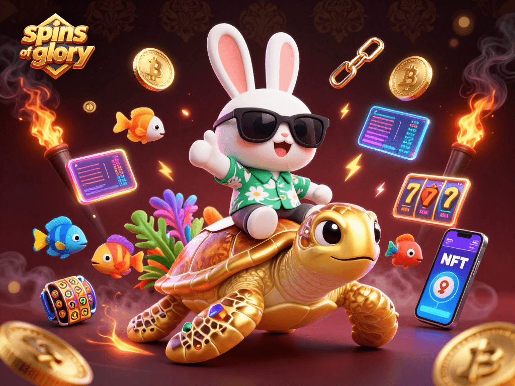 Experience spins of glory with a lucky rabbit on a golden turtle amidst vibrant casino elements.