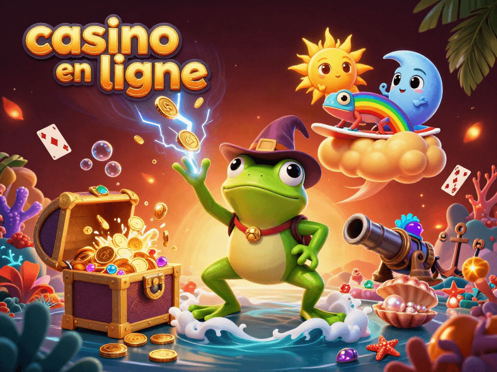 Le casino en ligne rassemble un magicien grenouille, un caméléon et des trésors sous-marins dans une scène vibrante.