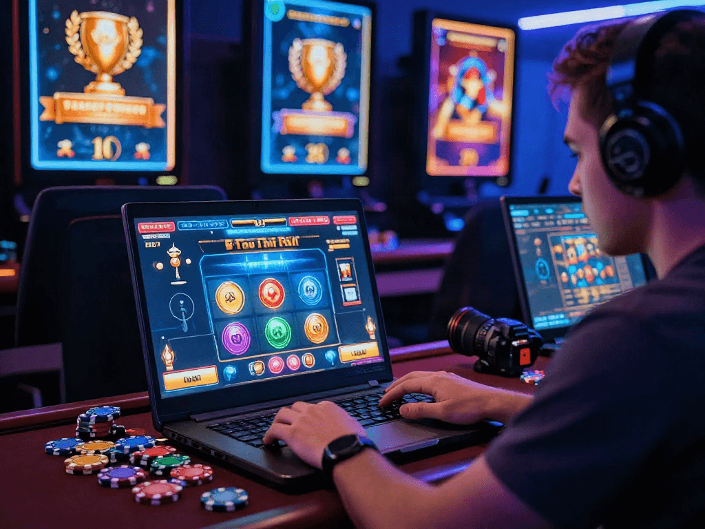 Joueur en ligne à un casino en ligne avec des jetons et des trophées numériques.
