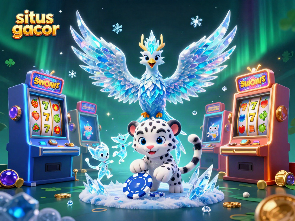 Engage in action with situs slot gacor, featuring an ice phoenix, snow leopard cub, and vibrant slot machines.