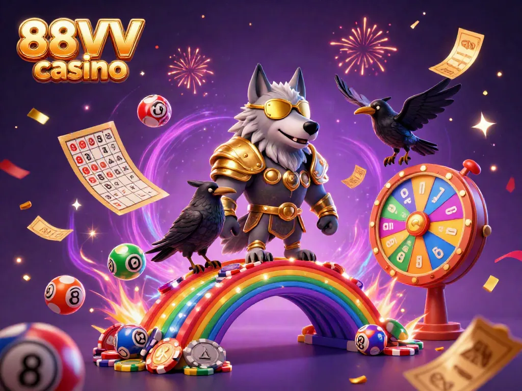 Engage with the vibrant experience of 88VV casino featuring a Norse wolf and dynamic lottery elements in a magical setting.