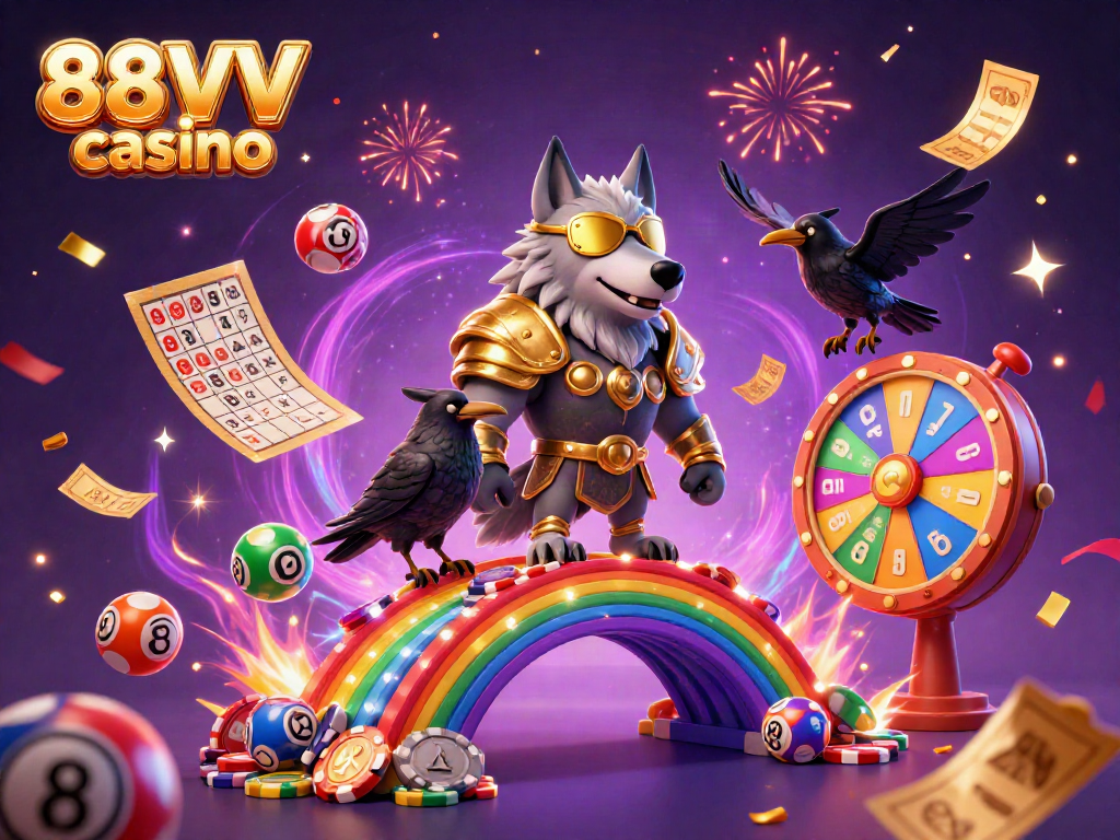 Engage with the vibrant experience of 88VV casino featuring a Norse wolf and dynamic lottery elements in a magical setting.