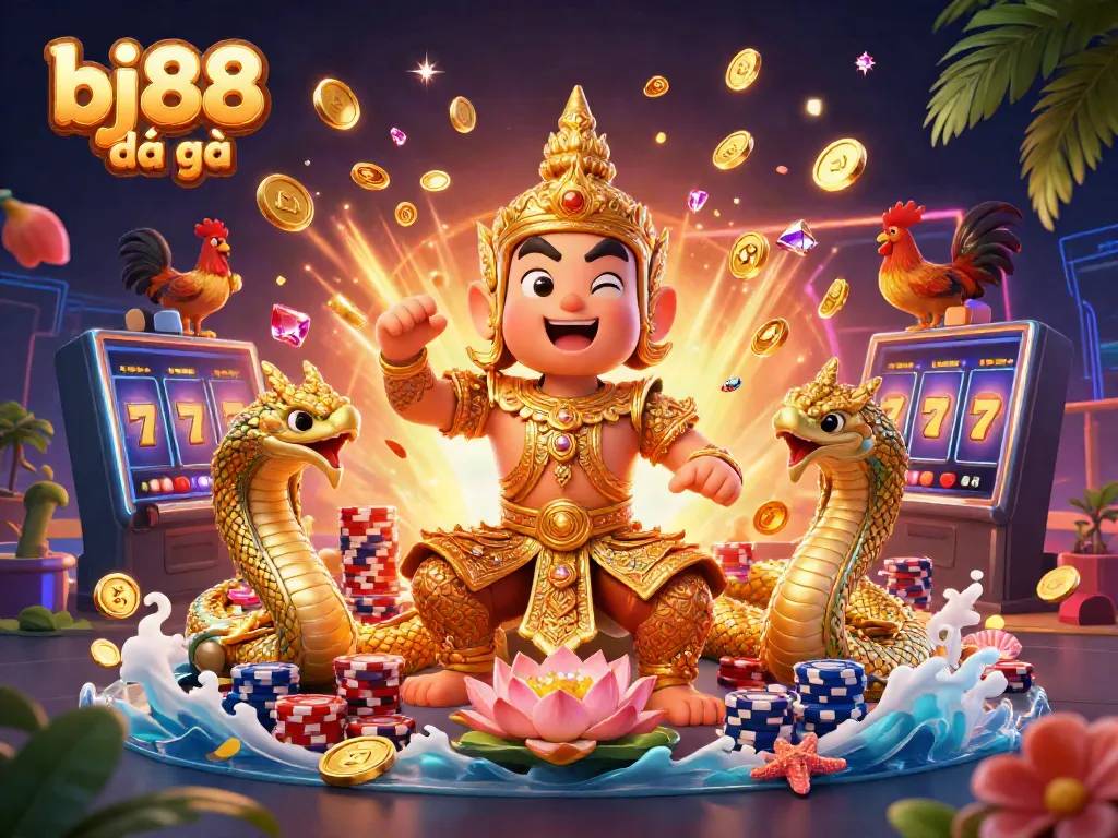 Experience the thrill of bj88 đá gà with dynamic characters amid golden coins and vibrant casino elements.