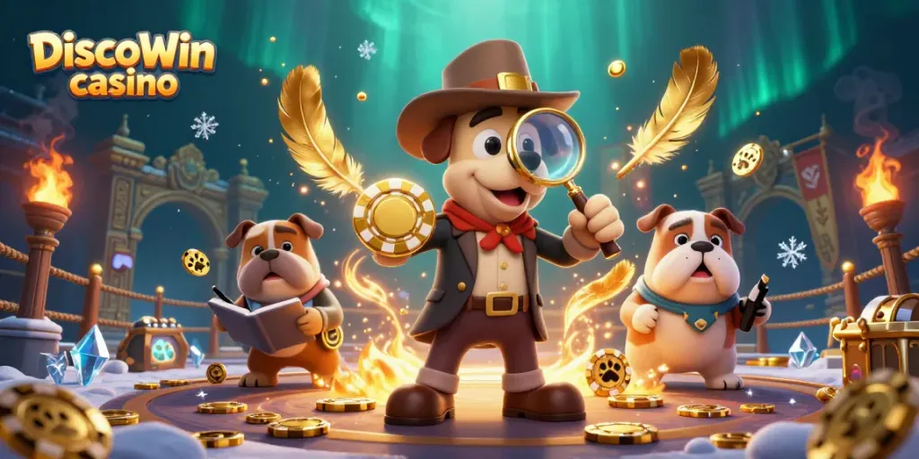 Profitez de l'expérience immersive de DiscoWin casino avec des éléments de jeu captivants et un détective cartoon.