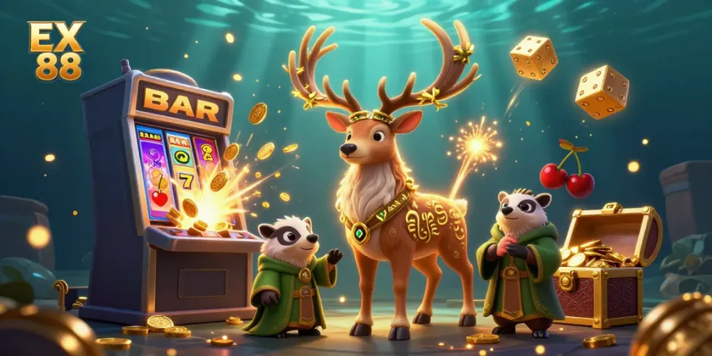 Experience the thrill of gaming with EX 88 as a Celtic druid stag and badger bask in a jackpot explosion of coins.