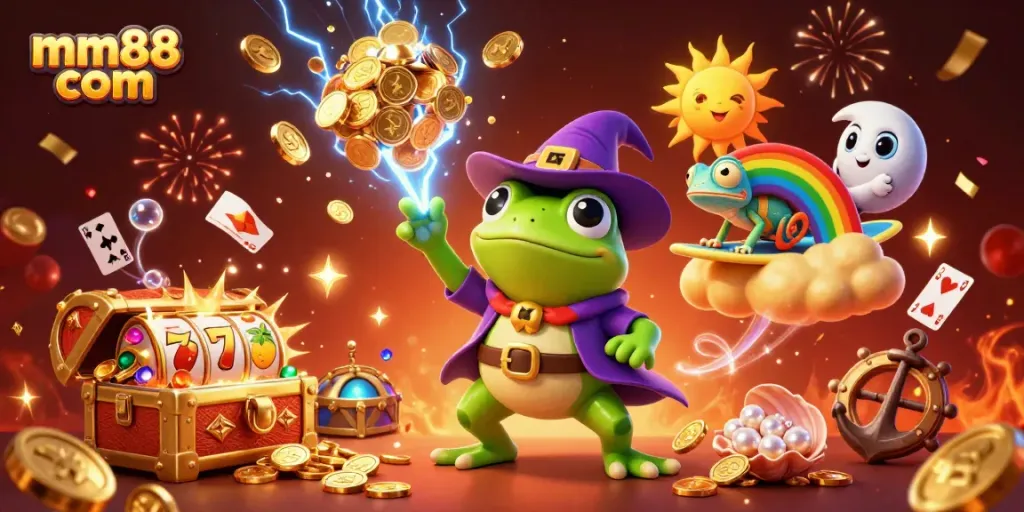 Experience the thrill of winning with mm88 com's dynamic casino cartoon scene featuring gold coins and vibrant characters.
