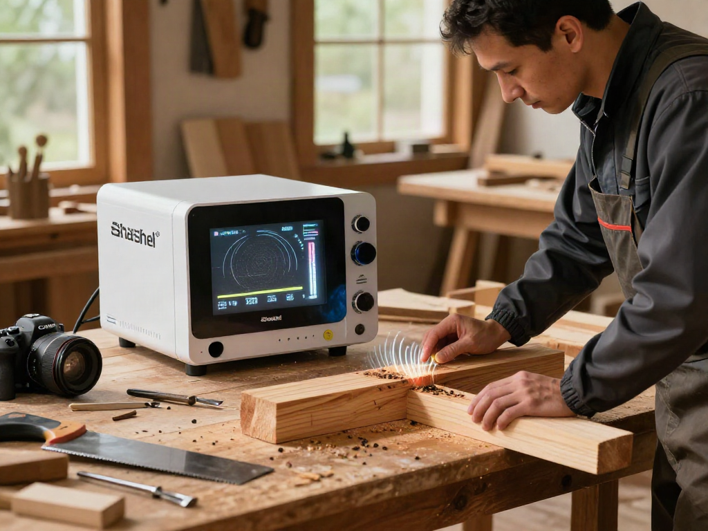Traitement écologique des bois avec Shashel® et un technicien dans un environnement en bois.