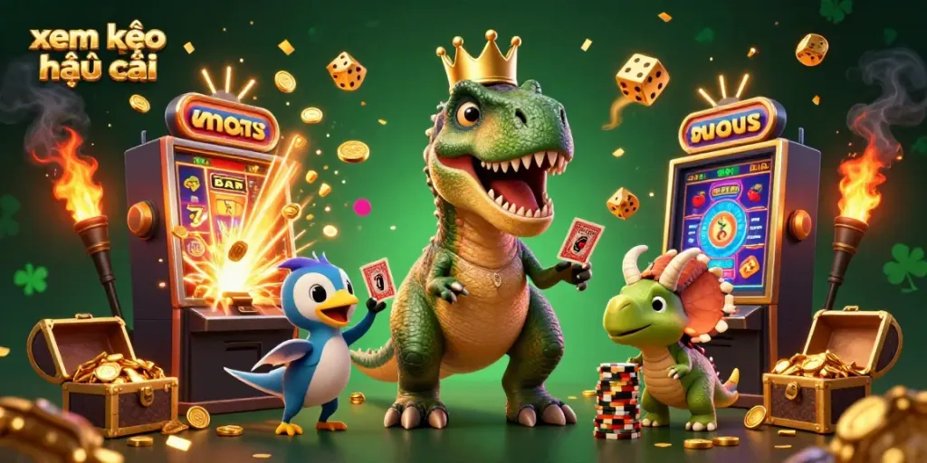Engage with exciting xem kèo nhà cái through this vibrant 3D casino scene with cartoon characters.