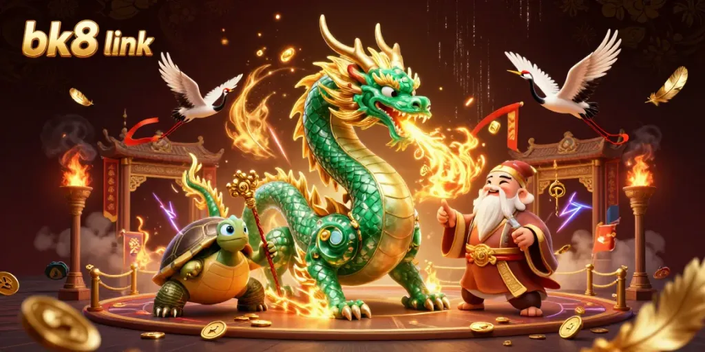 Experience the thrill of bk8 link in a vibrant casino scene featuring a jade dragon and lucky cranes.
