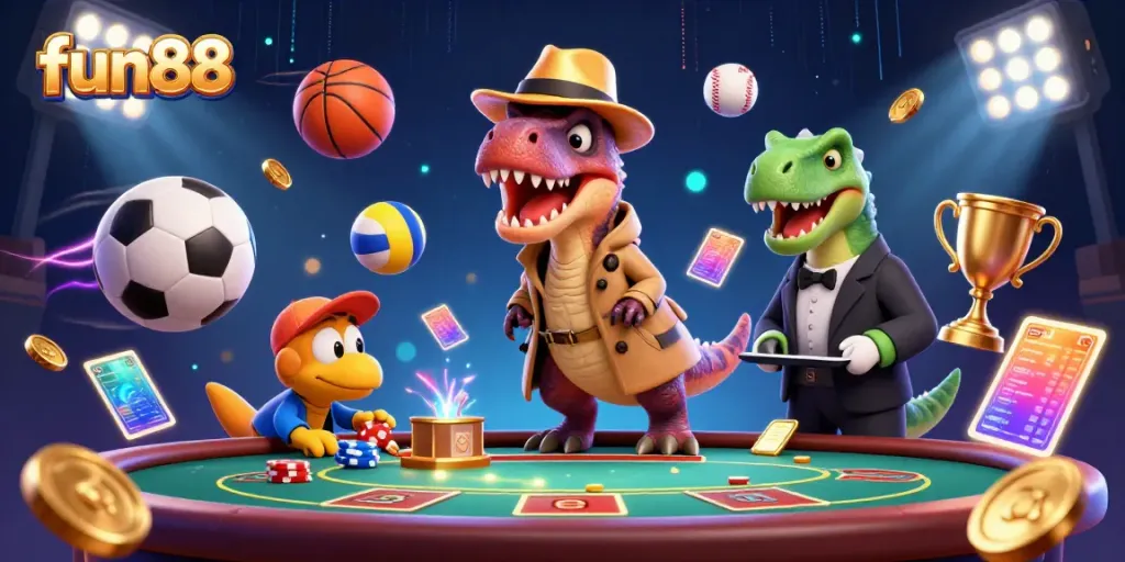 Fun88 engages players with a vivid scene showcasing a velociraptor at a blackjack table.