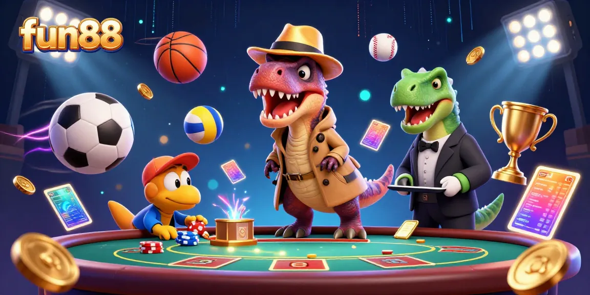 Fun88 engages players with a vivid scene showcasing a velociraptor at a blackjack table.