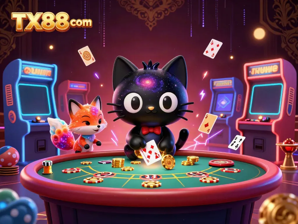 Play at TX88 com with colorful casino characters engaging in games and dynamic elements.