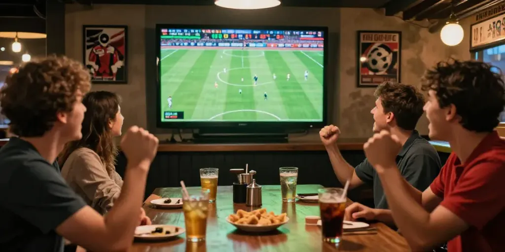 Ambiance festive des paris sportifs en Belgique avec des amis encourageant un match de football.