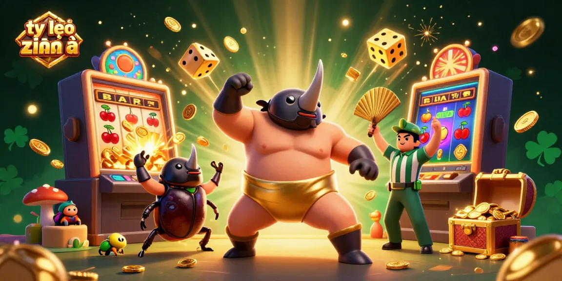 Experience the excitement of tỷ lệ kèo châu á with dynamic betting visuals featuring a rhinoceros beetle champion and a jackpot explosion.