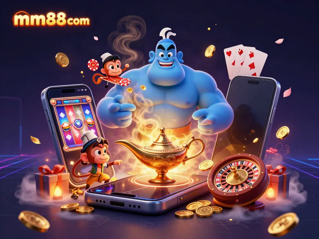 Engage with the thrilling world of mm88 com through a vibrant 3D illustration showcasing a genie, playful characters, and casino elements.