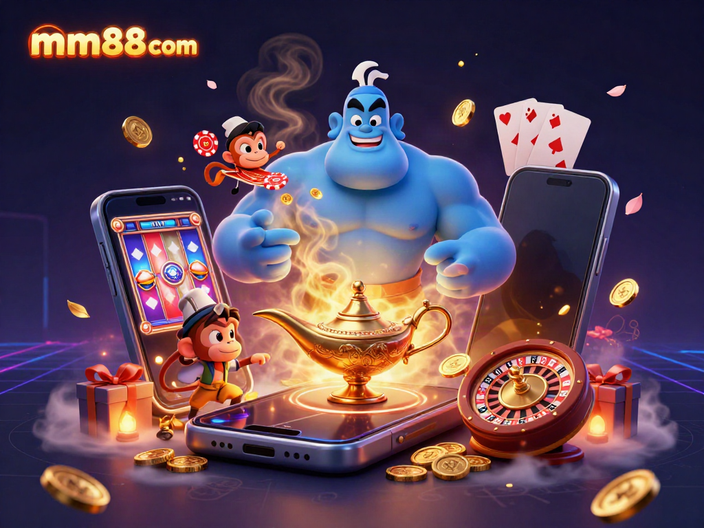 Engage with the thrilling world of mm88 com through a vibrant 3D illustration showcasing a genie, playful characters, and casino elements.