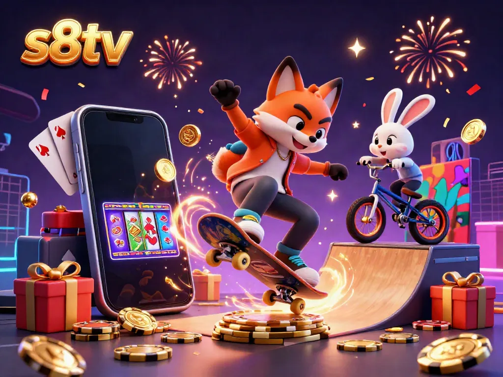 Experience the thrilling world of s8tv with a cartoon fox skateboarding over poker chips and a rabbit performing BMX tricks amidst a vibrant casino backdrop.