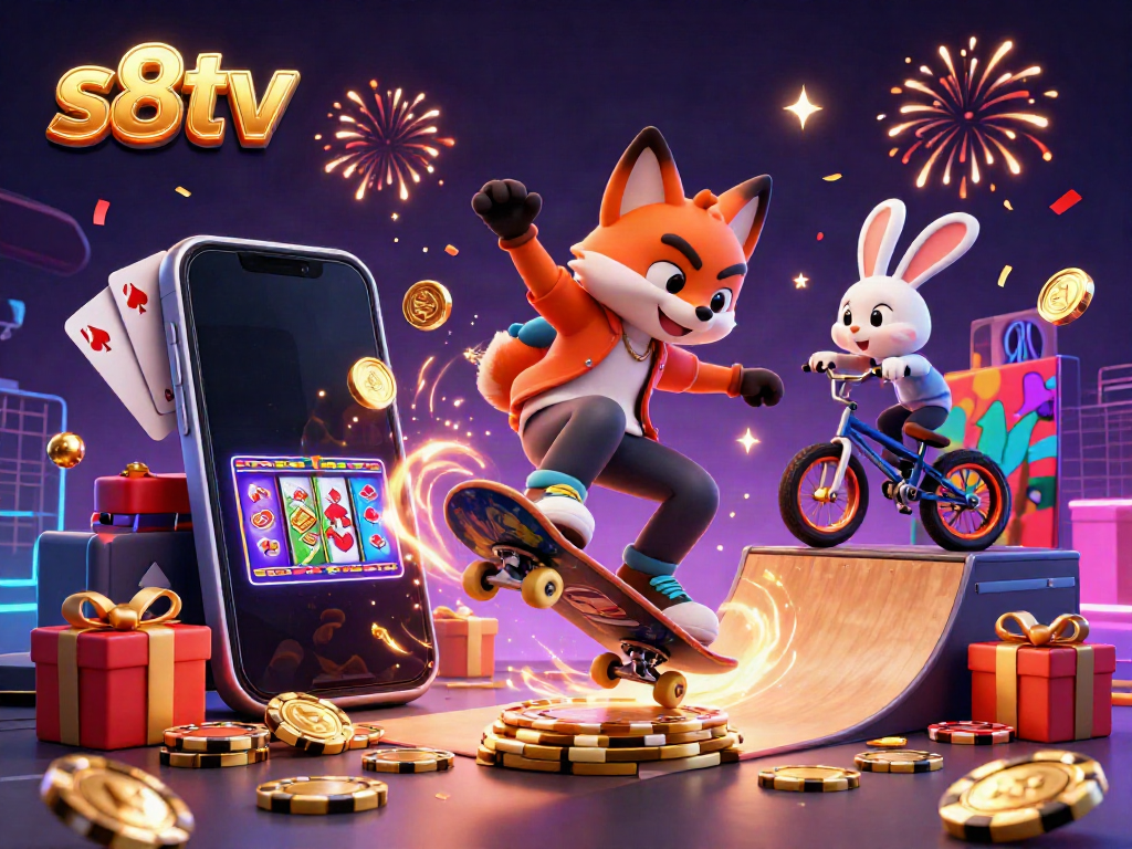 Experience the thrilling world of s8tv with a cartoon fox skateboarding over poker chips and a rabbit performing BMX tricks amidst a vibrant casino backdrop.