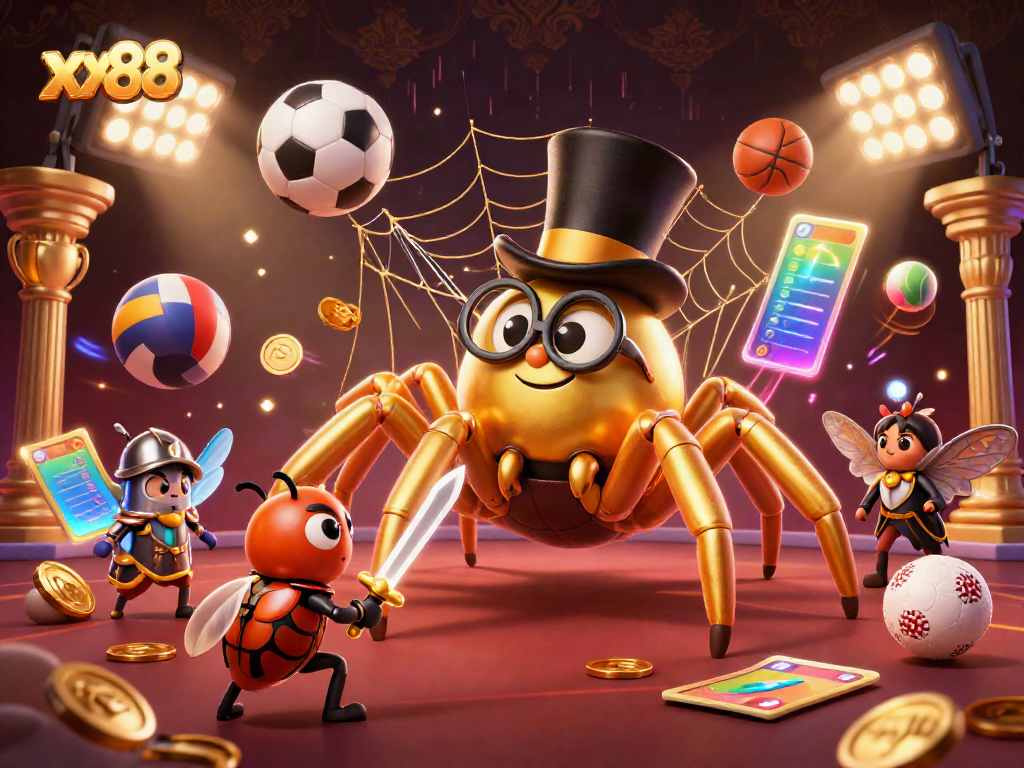 Engage with xx88 through a dynamic 3D casino illustration featuring a golden tarantula and colorful sports elements.