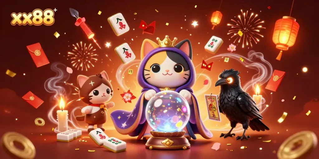 Experience the magic of xx88 with a fortune teller cat and glowing tarot raven amidst rich casino elements.