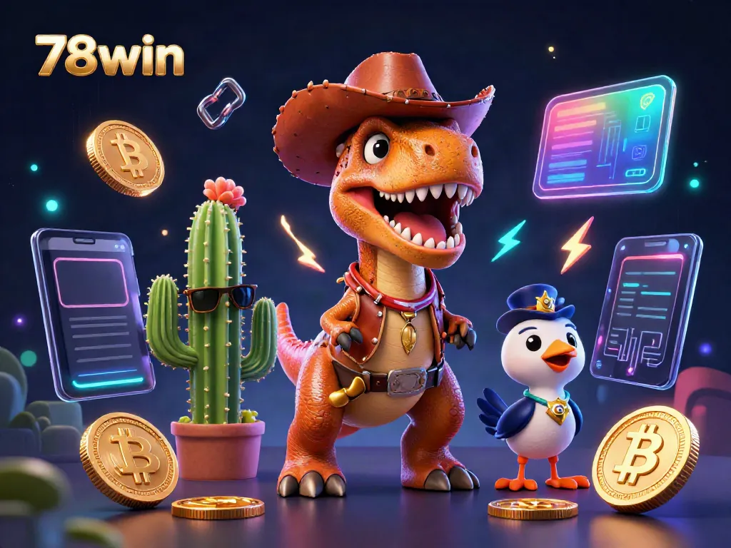 Engage in thrilling adventures at 78win with a dynamic 3D cowboy dinosaur and friends amidst vibrant crypto elements.