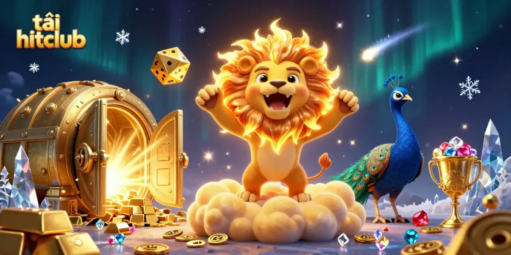 Engage in the thrilling experience of tải hitclub with floating golden treasures and dynamic characters in this vivid illustration.