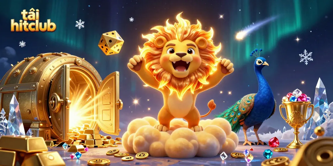 Engage in the thrilling experience of tải hitclub with floating golden treasures and dynamic characters in this vivid illustration.