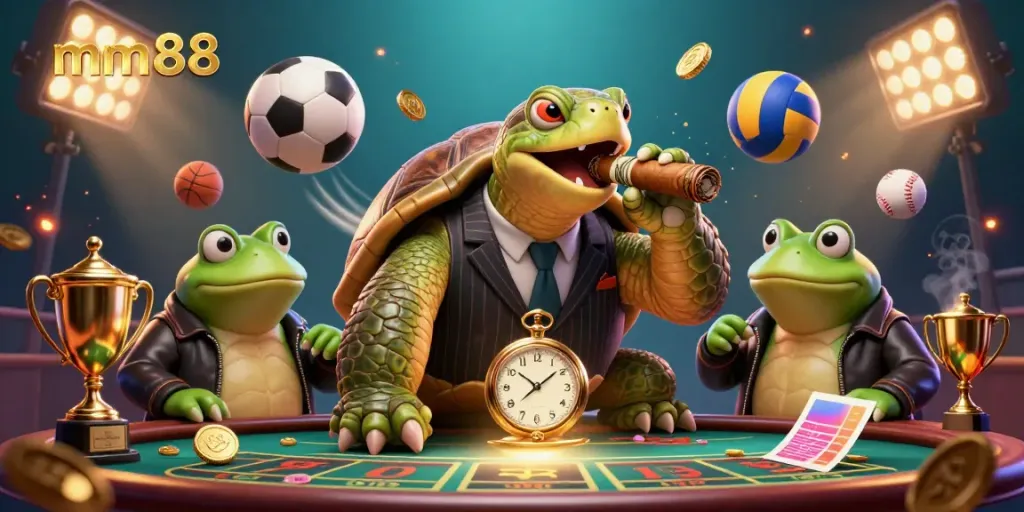 Engage with the vibrant mm88 casino scene featuring a snapping turtle in a mobster suit and two bullfrog enforcers with dynamic sports elements.