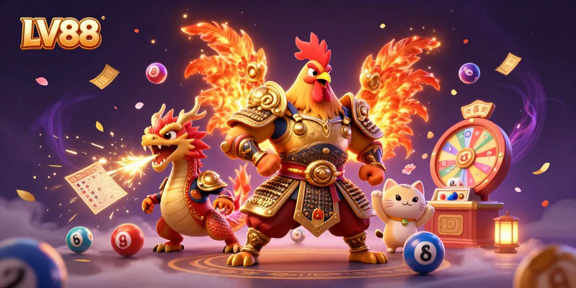 Play exciting games and win with LV88 in a vibrant casino-inspired illustration.