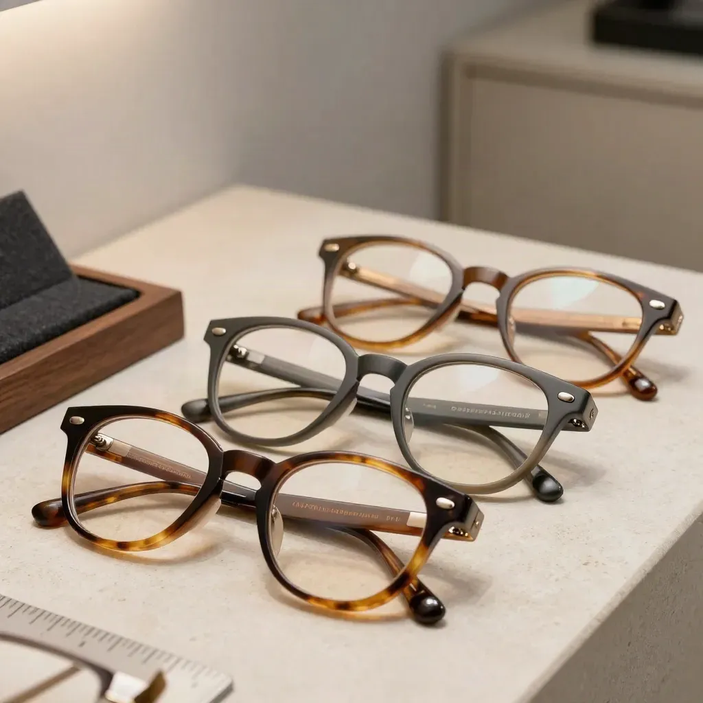 Montures et pièces de lunettes sur un comptoir en pierre, lumière douce et ambiance clinique.
