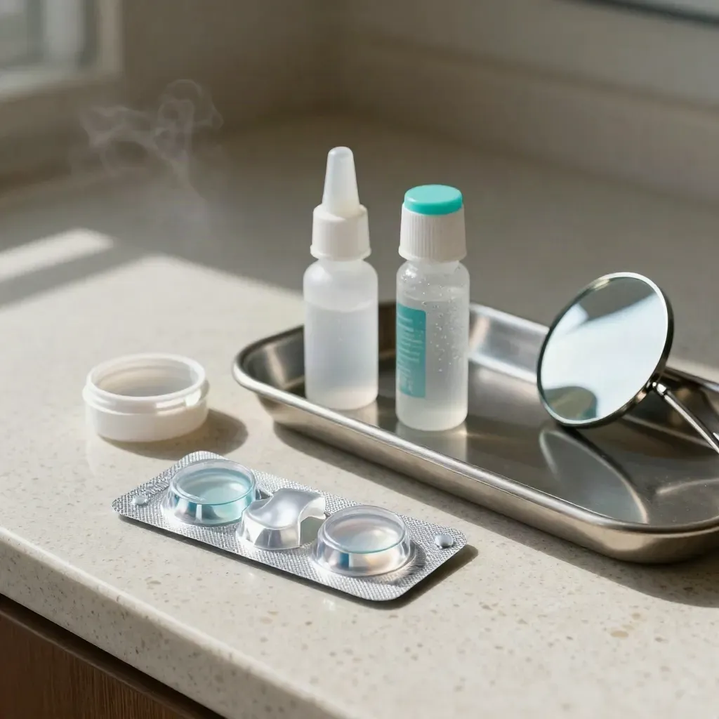 Kit d’essai de lentilles de contact sur travertin, miroir, flacon de sérum et plateau inox.