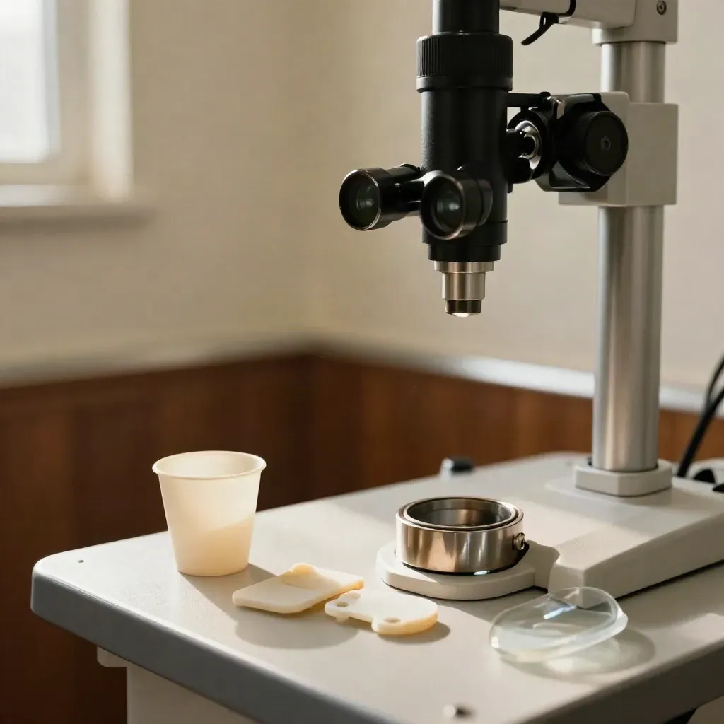 Macroscopie d’un poste d’examen de la vue avec lampe à fente, palettes et console douce.