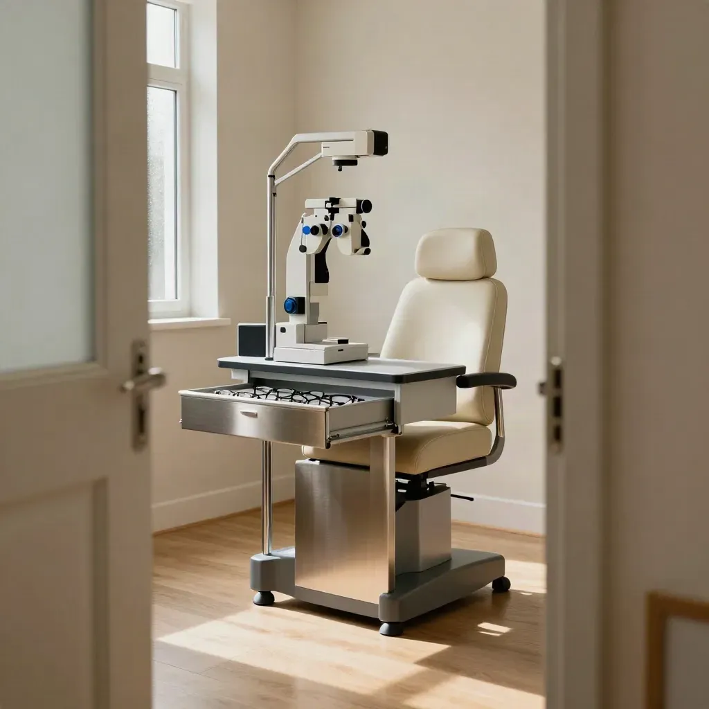 Salle d’examen visuel lumineuse avec fauteuil, phoroptère et tiroir de montures.