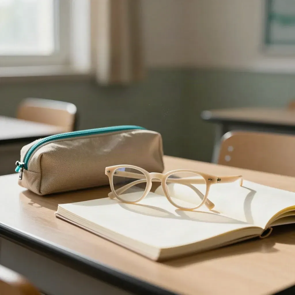 Lunettes d’enfant, trousse et cahier sur un bureau d’école baigné de lumière matinale.