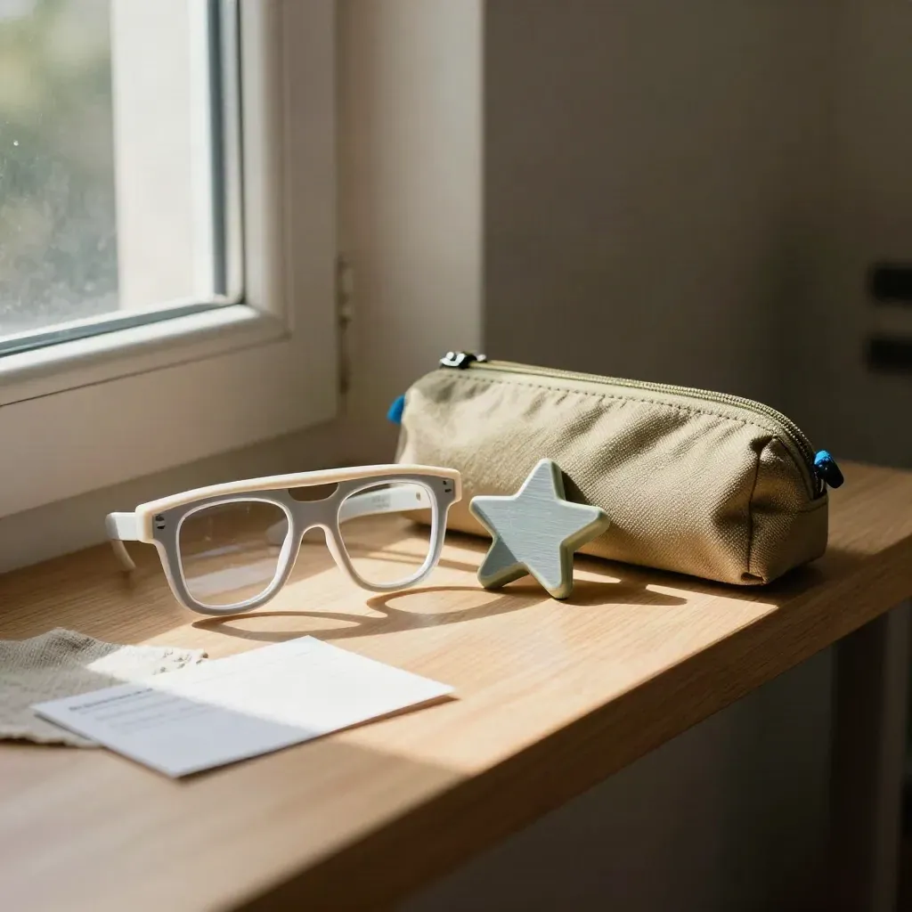 Kit de suivi visuel enfant près d’une fenêtre, avec étui de lunettes et jouet étoile.