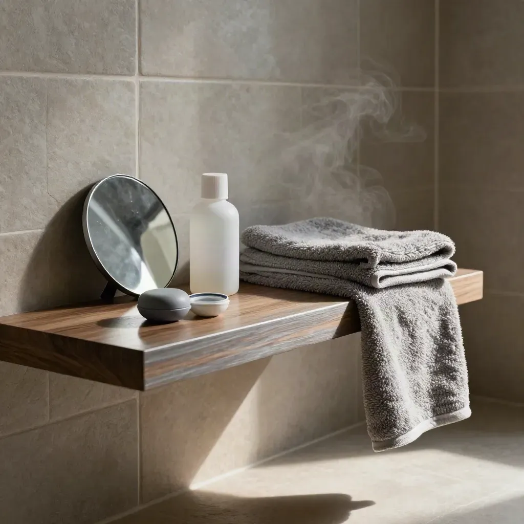 Étagère de salle de bain avec lentilles, sérum physiologique, miroir et serviette pliée.