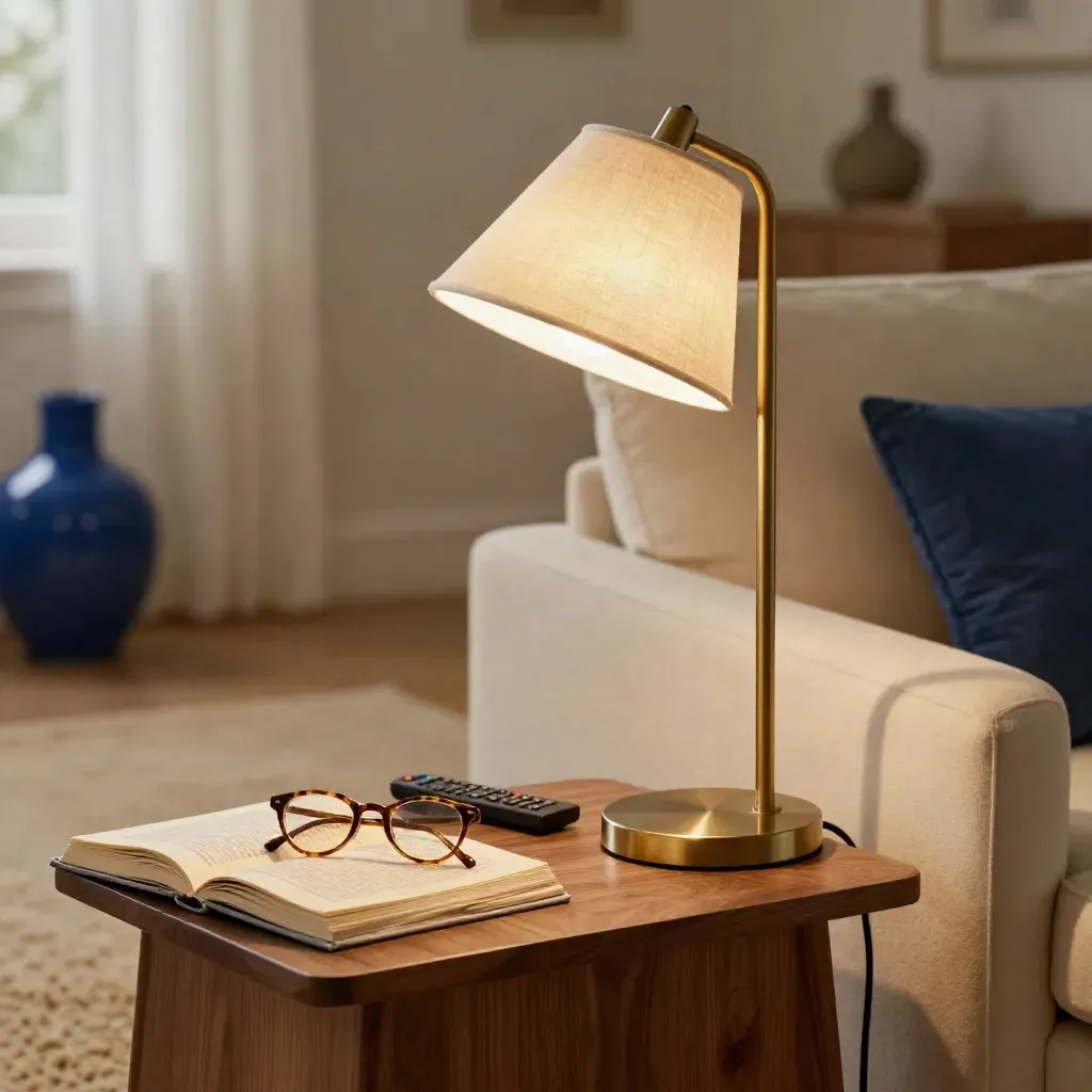 Coin lecture cosy avec lampe, lunettes, télécommande et livre ouvert sur table d’appoint.
