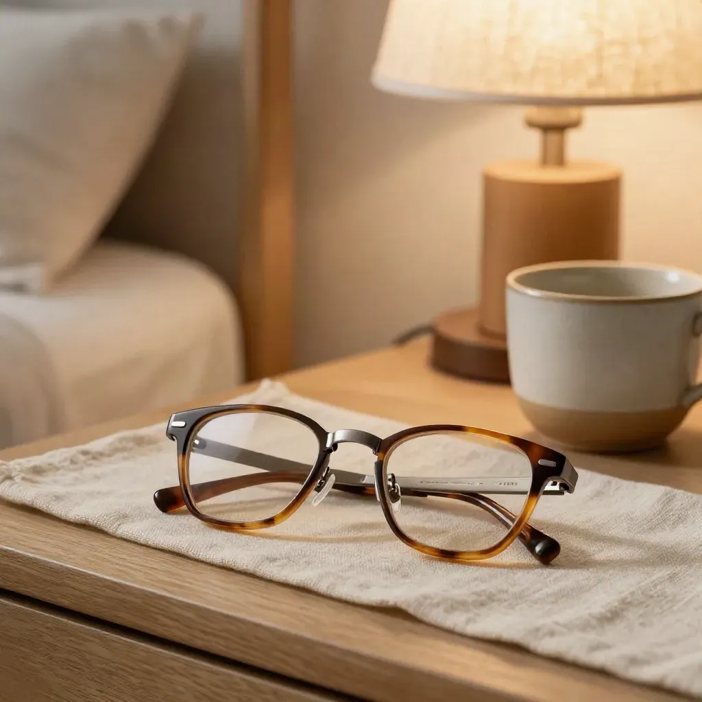 Lunettes pliantes, lampe chaude et tasse en céramique sur une table de chevet.