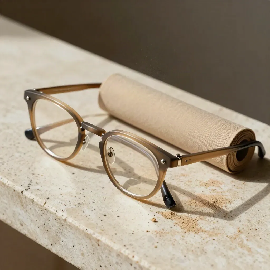 Gros plan de branches de lunettes, vis, embouts et chiffon microfibre sur une pierre claire.
