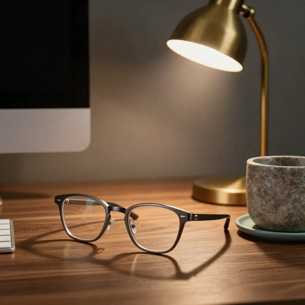 Bureau à domicile en lumière rasante, lunettes posées, lampe chaude, tasse en pierre et écran tourné.