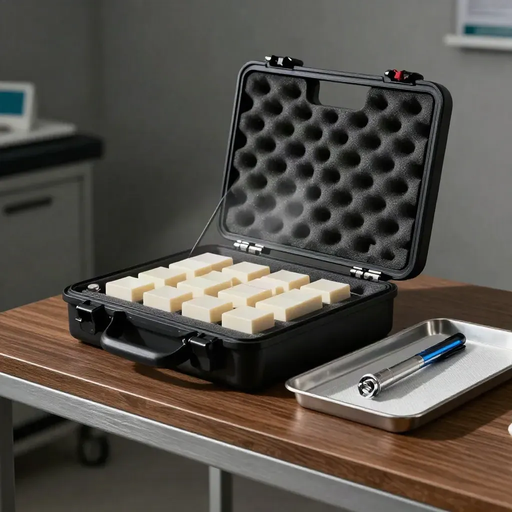 Kit d’orthoptie avec occludeur, prismes en étui et lampe stylo sur un plateau.