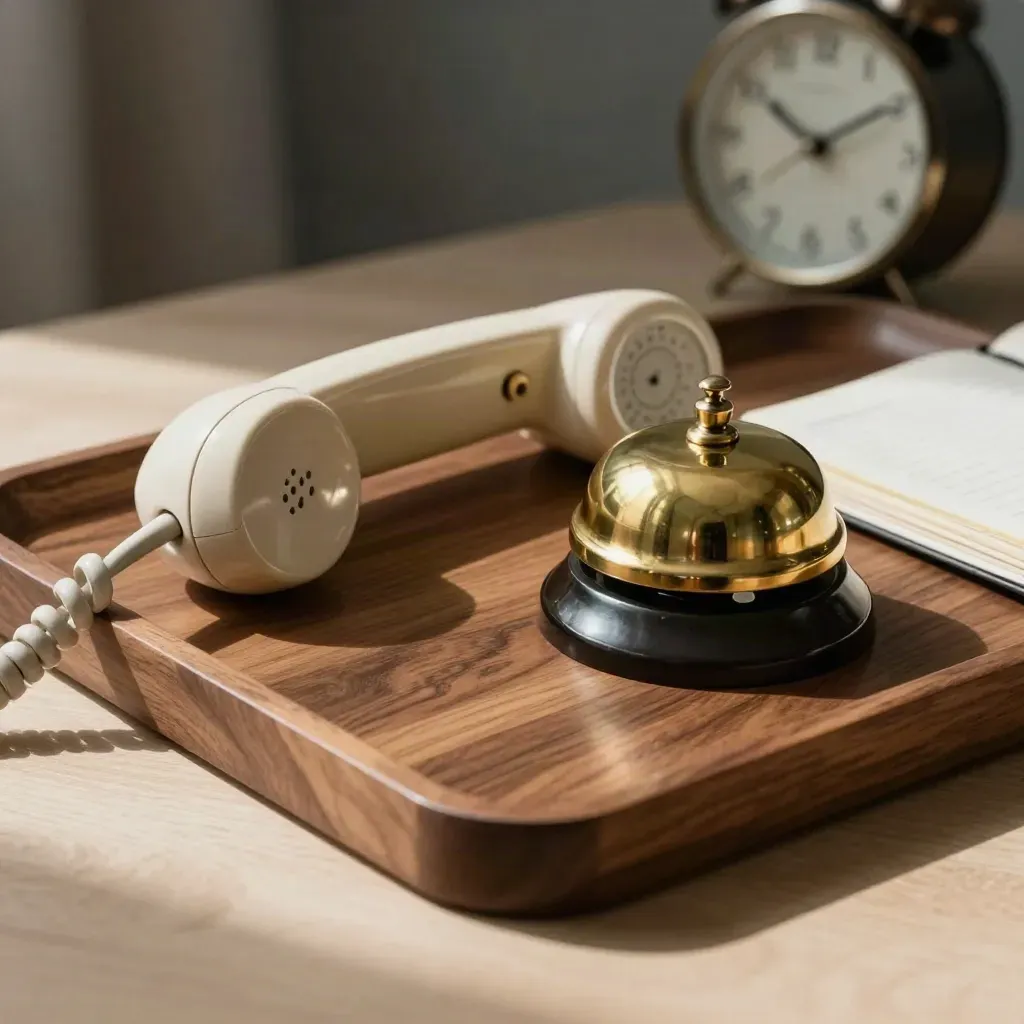Téléphone, sonnette, carnet fermé et horloge sur plateau noyer dans une lumière douce.