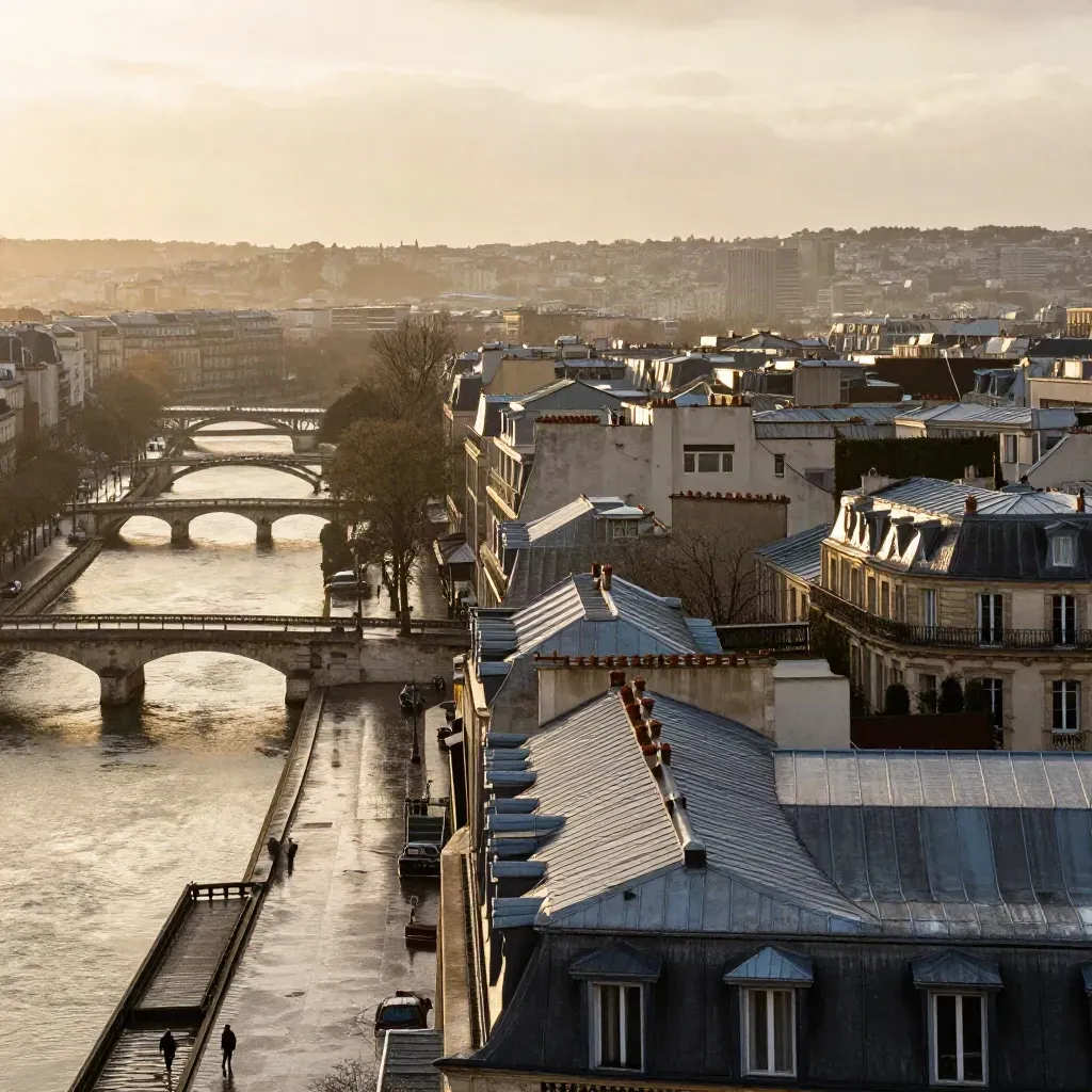Toits de Paris Est au soleil doré, ponts de canal et viaducs après la pluie