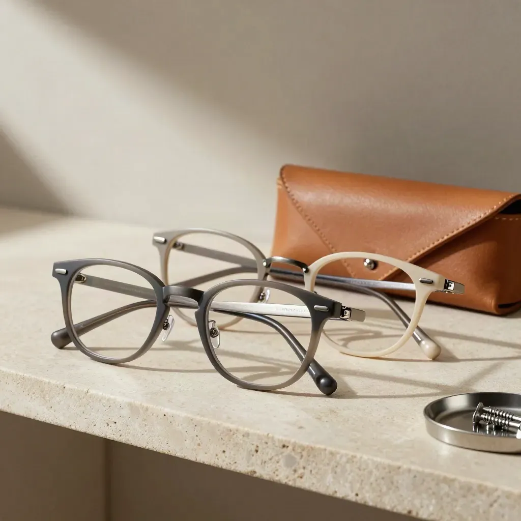 Montures de lunettes, étui en cuir et petit plateau à vis sur pierre claire