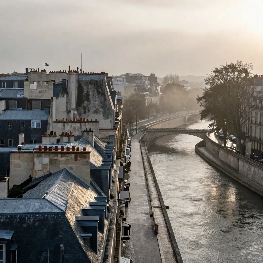 Vue brumeuse de Paris Centre au lever du jour, toits de l’Île de la Cité et Seine paisible.