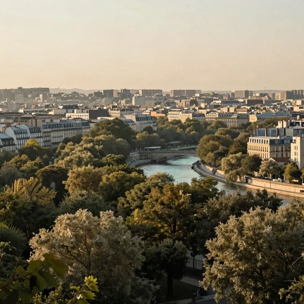 Vue large de Paris Sud au crépuscule, parc, rive et skyline résidentielle dans la brume.