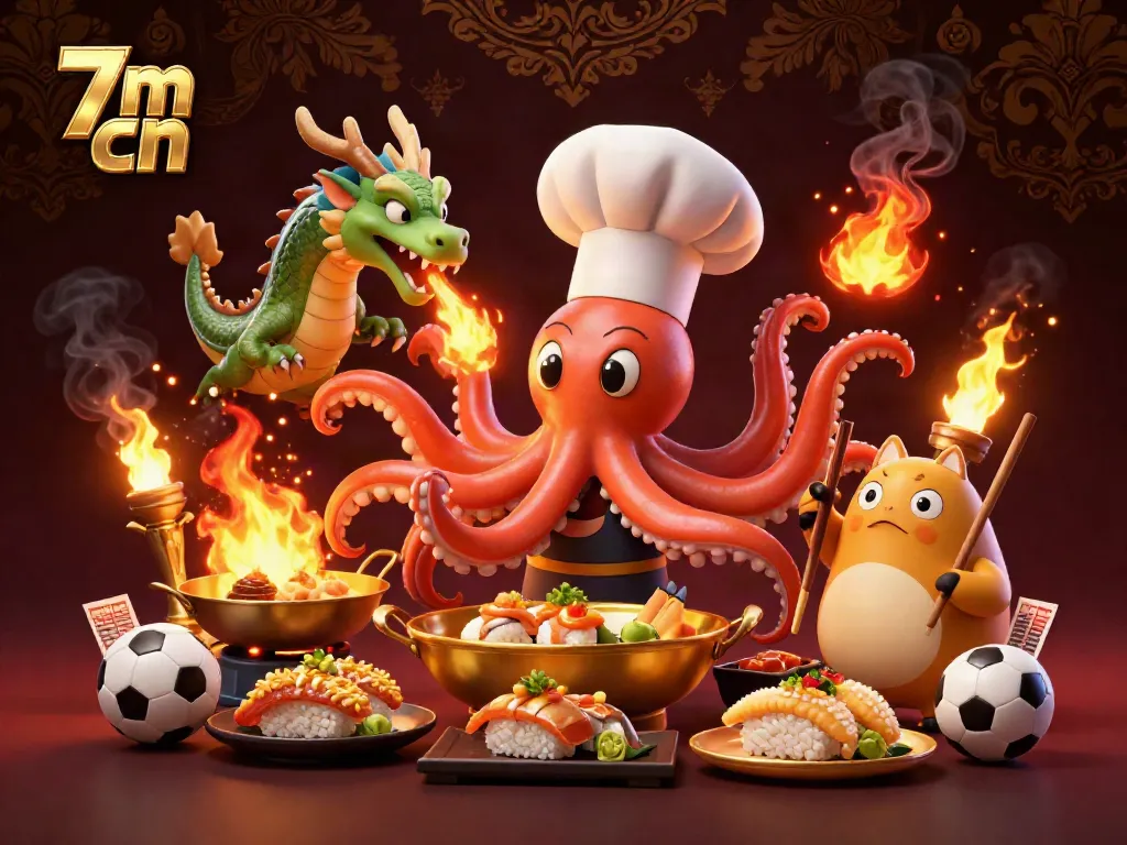 Engage with live sports betting excitement featuring a 7m cn themed cartoon scene of an octopus chef, dragon, and tanuki.