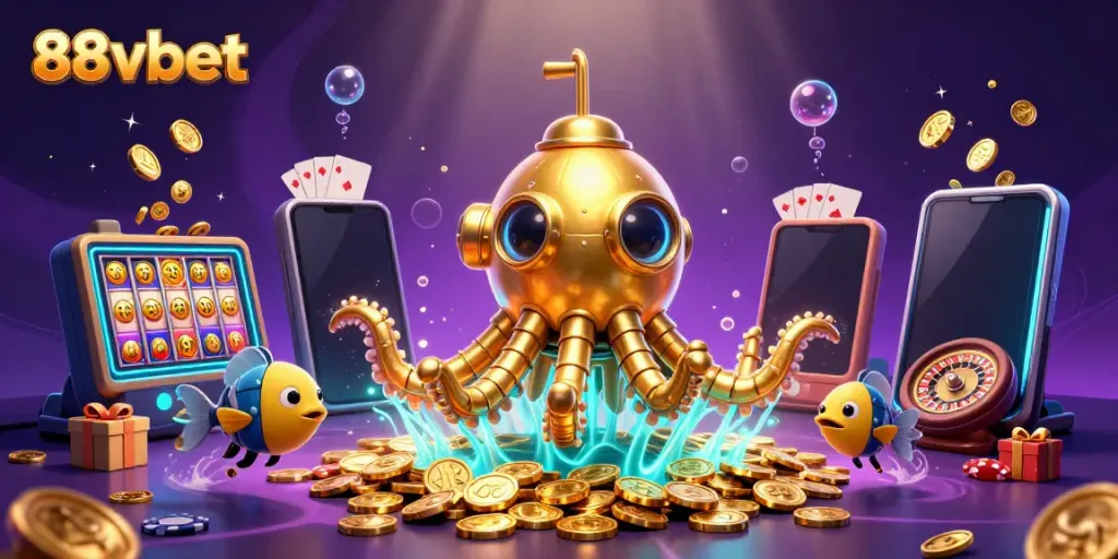 Experience thrilling moments at 88vbet with a golden kraken submarine amidst golden coins and casino elements.