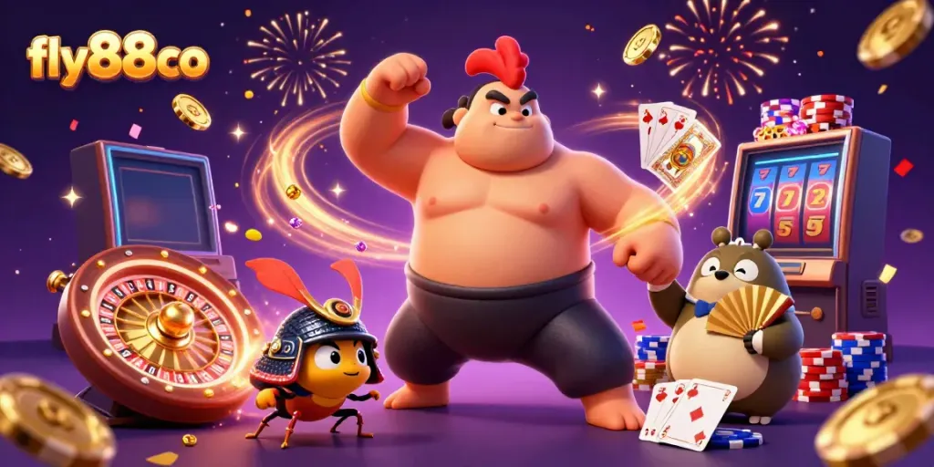 Experience the thrill of fly88co with dynamic gaming characters surrounded by abundant casino elements.