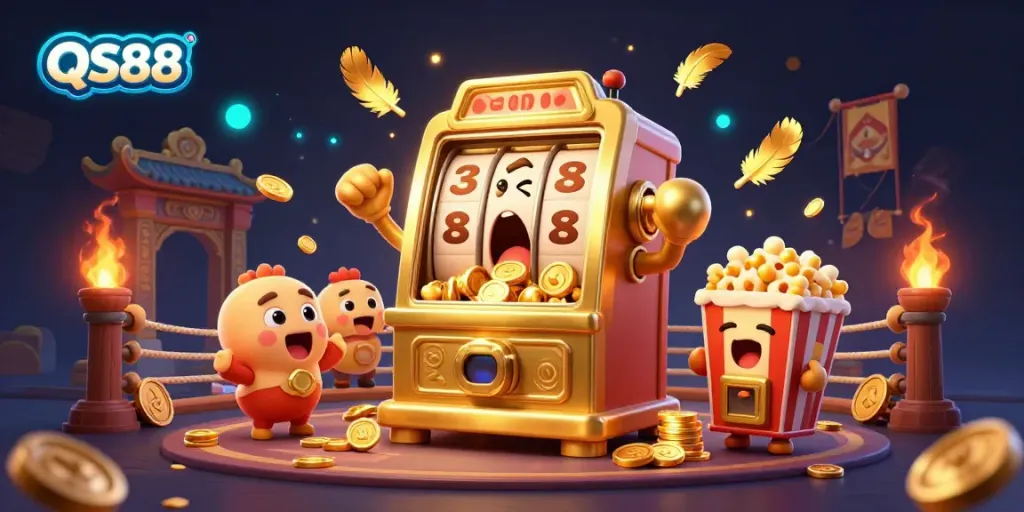 Experience the excitement of QS88 with a lively scene of a winning slot machine surrounded by cheering mini machines and atmospheric casino elements.
